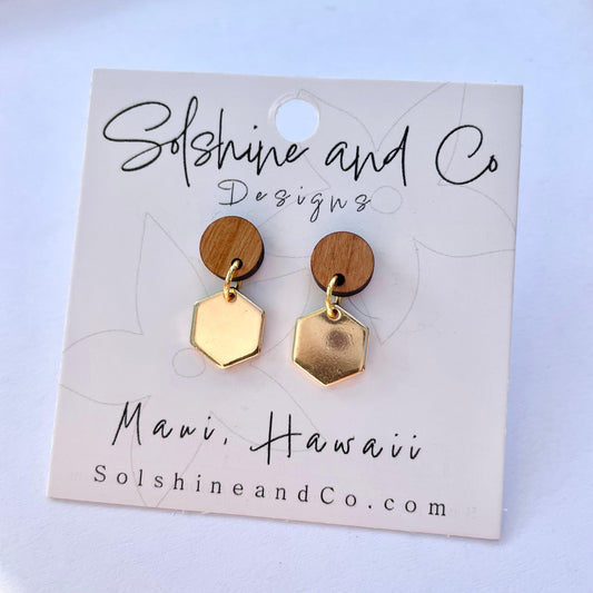 Hardwood and Gold Hex Stud Dangles - Solshine and Co