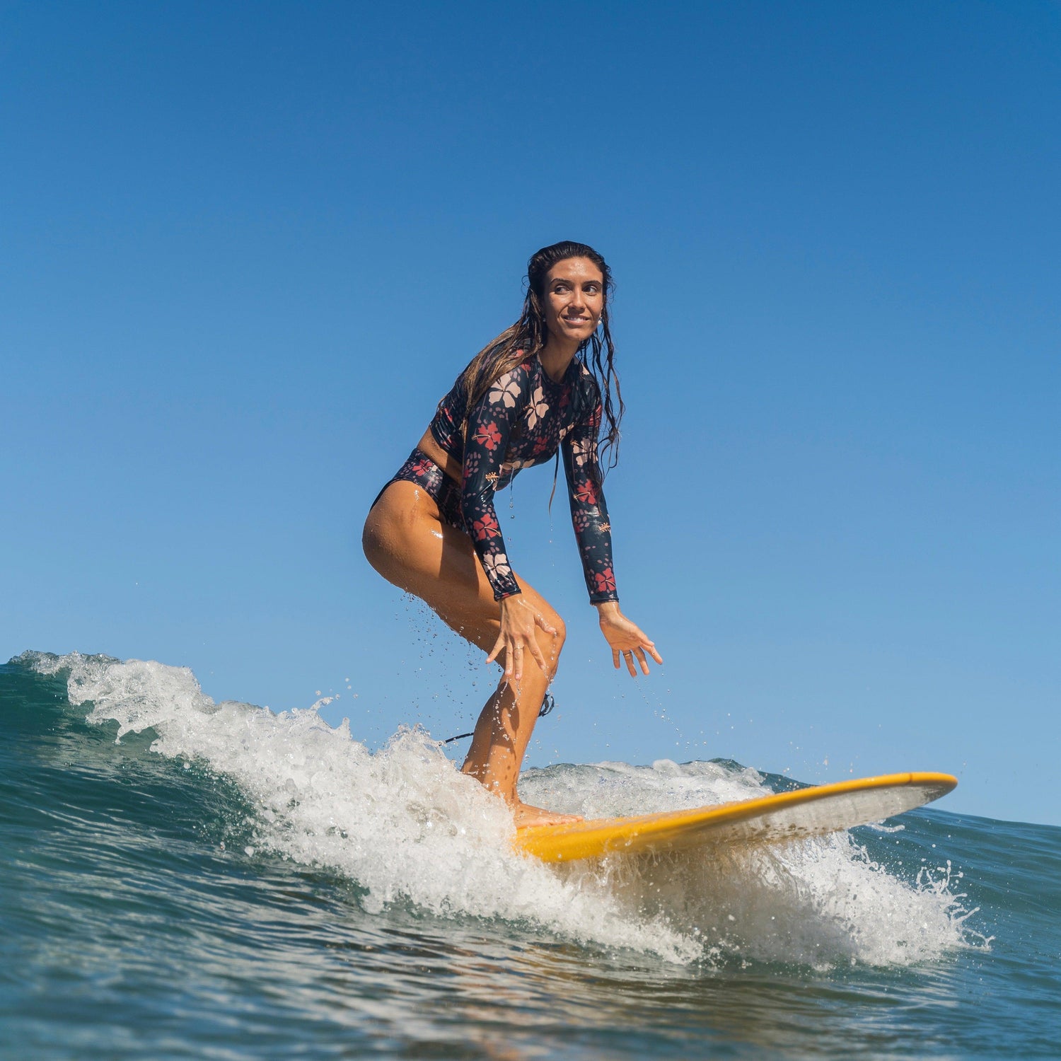 Retro Hibiscus Long Sleeved Crop Top Rash Guard - Solshine and Co