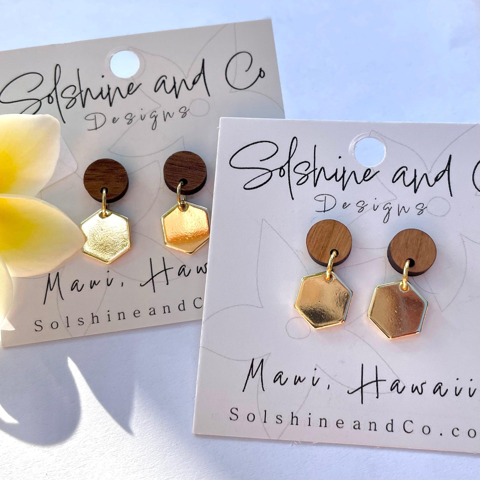 Hardwood and Gold Hex Stud Dangles - Solshine and Co