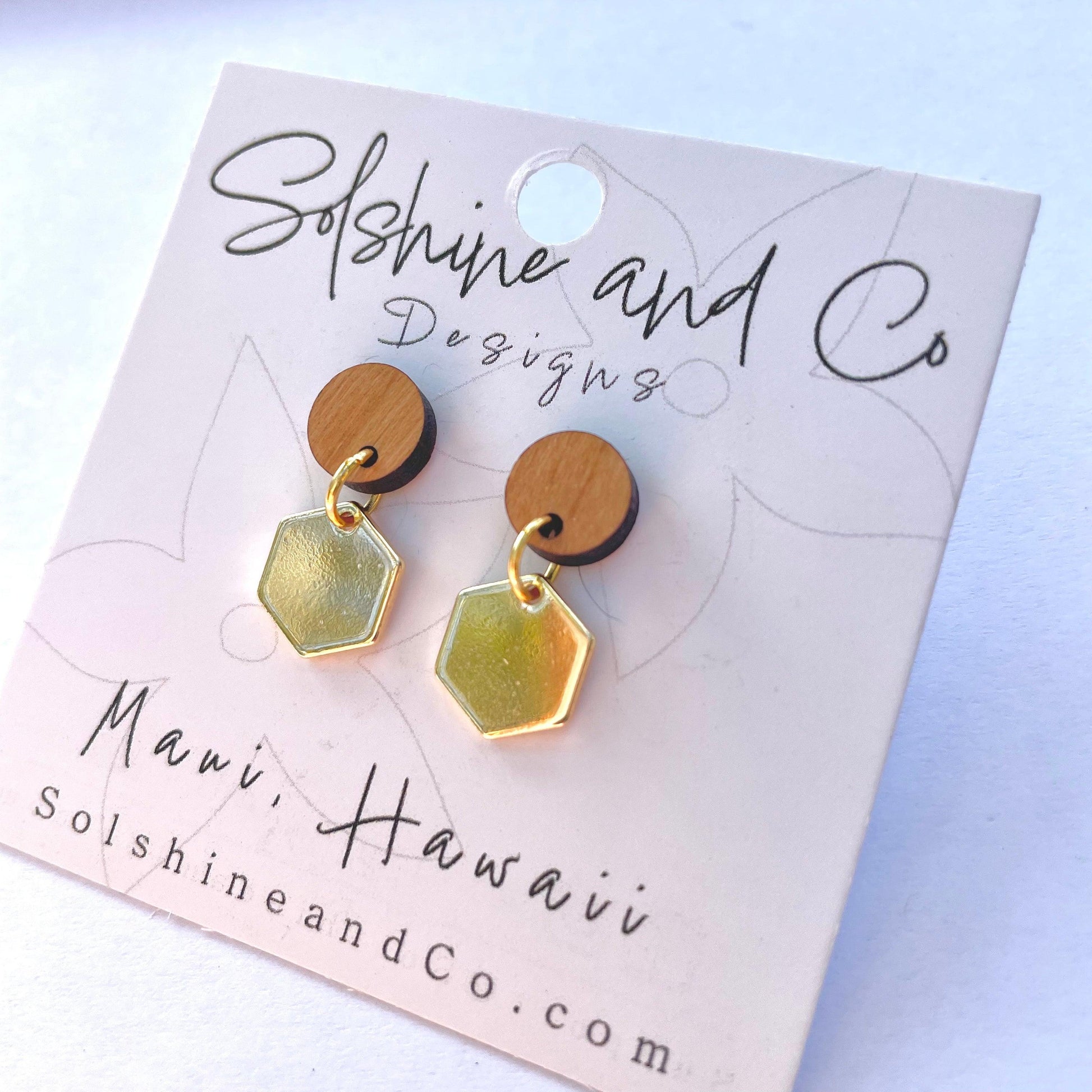 Hardwood and Gold Hex Stud Dangles - Solshine and Co