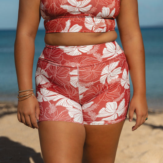 Red Hibiscus High Waisted Shorts - Solshine and Co