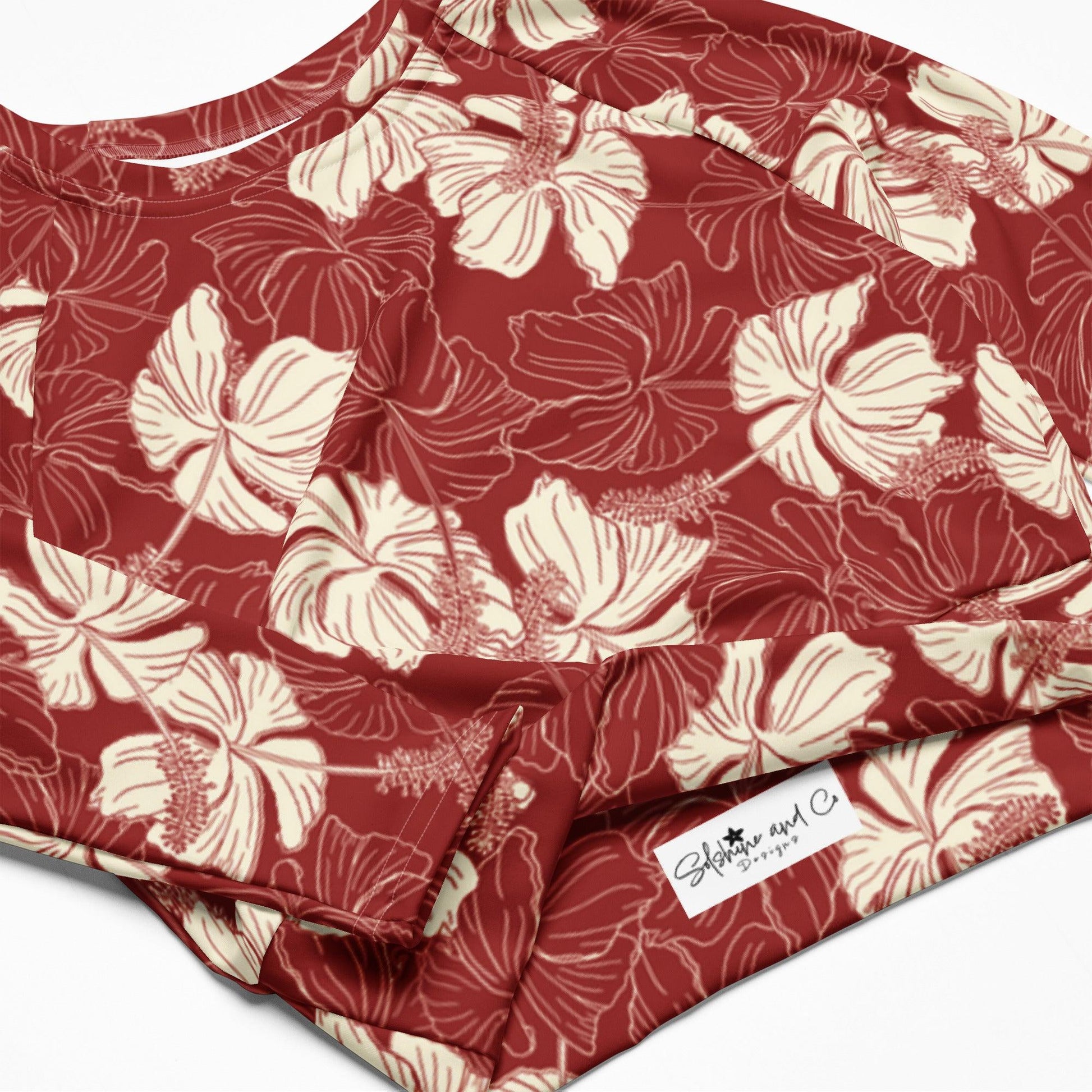 Red Hibiscus Long Sleeved Crop Top Rash Guard - Solshine and Co